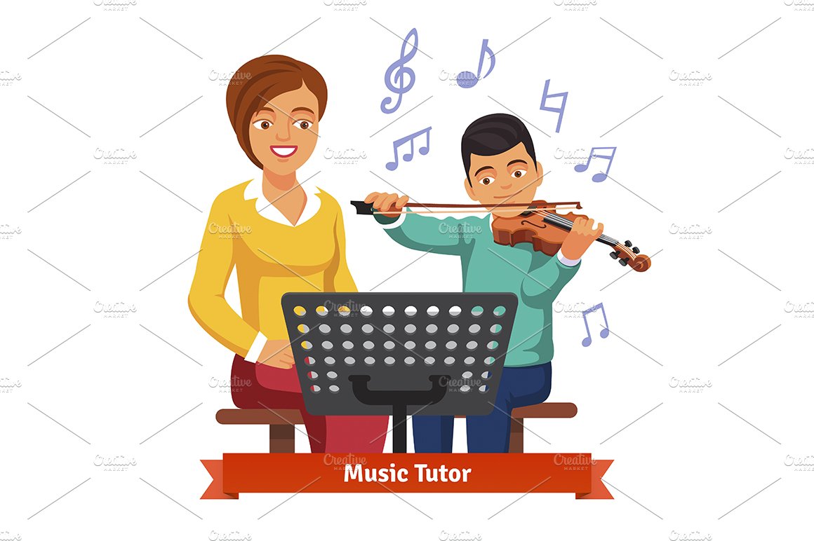 Musical tutor woman and kid boy cover image.