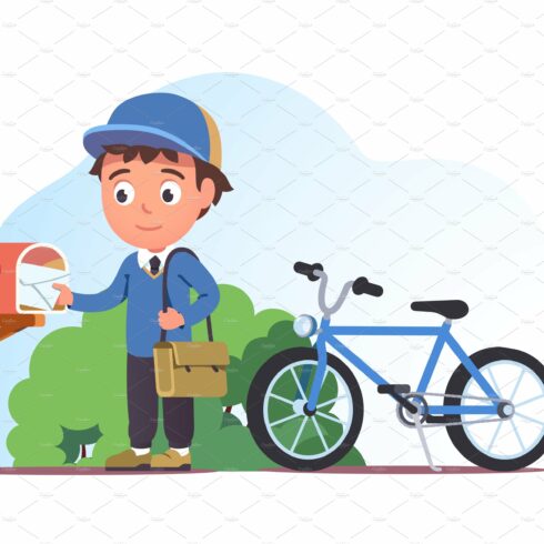 Postman delivering letter by bicycle cover image.