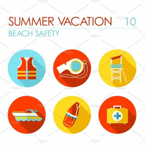Lifeguard beach safety icon set. Summer. Vacation cover image.