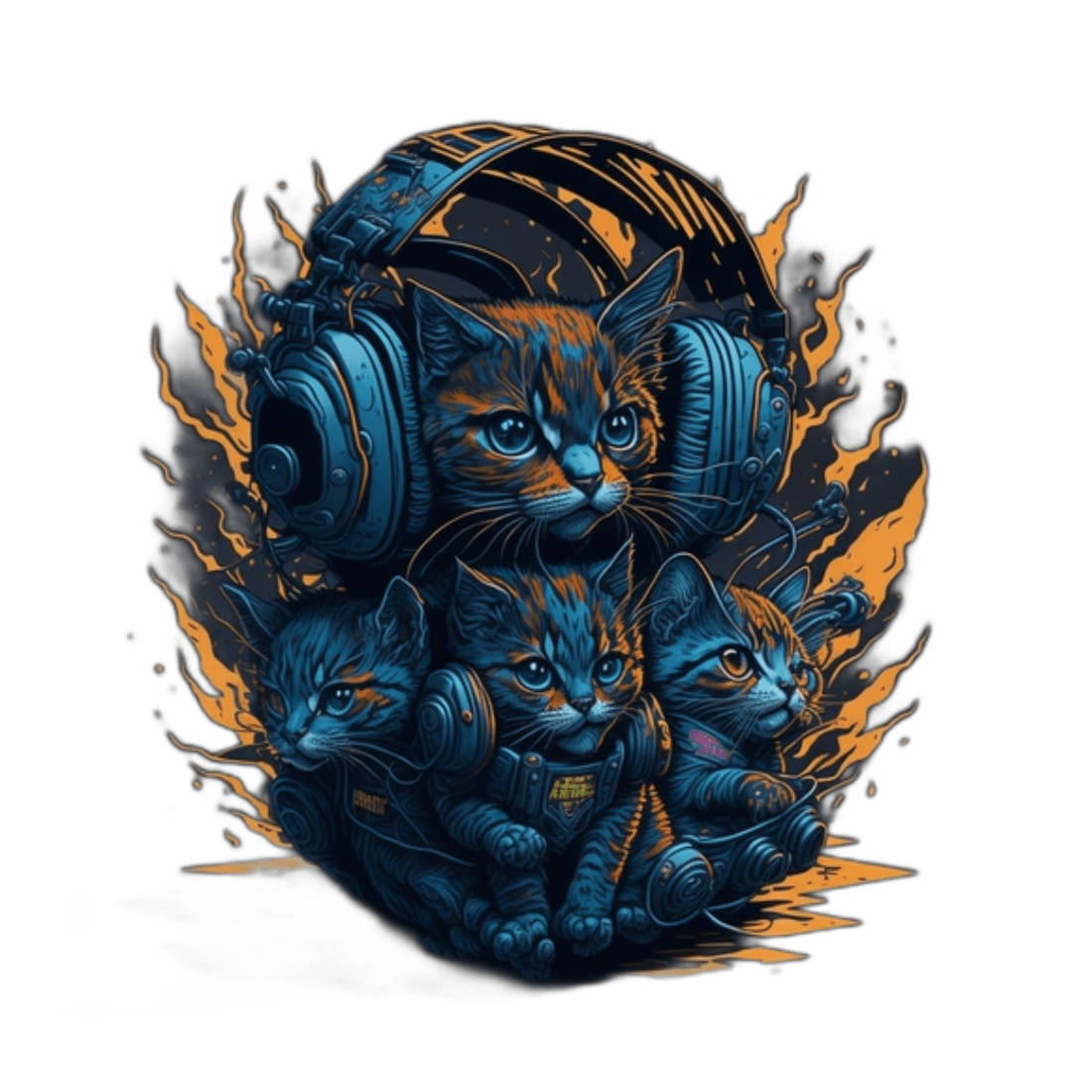 Cats wearing headphones playing TNT design preview image.