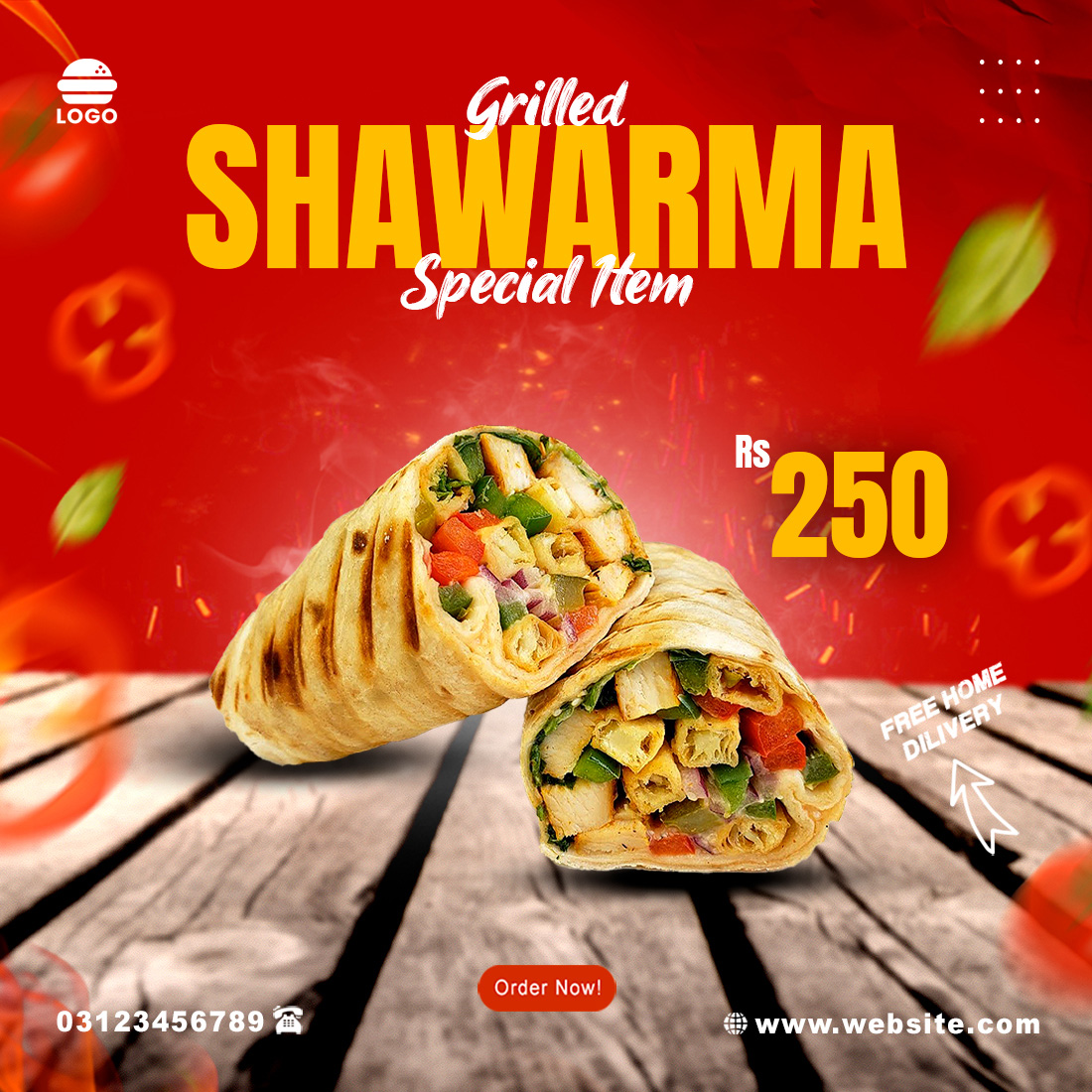 Shawarma Food Social Media Poster For Instagram And Facebook Template preview image.