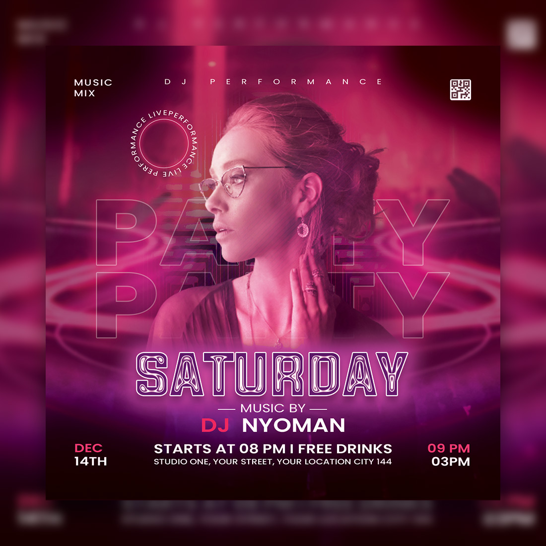 DJ night Party Flyer social media post Template cover image.