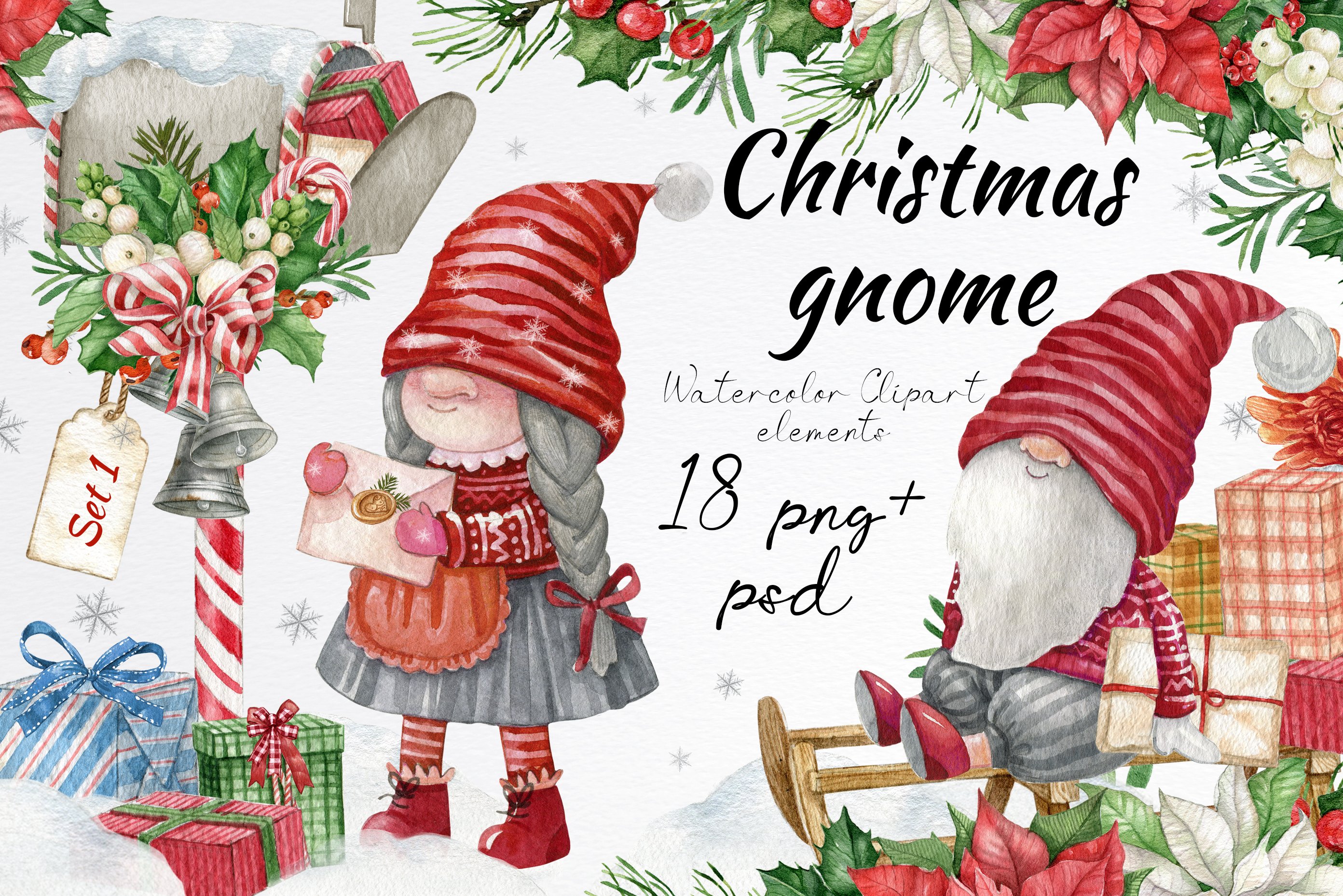 Watercolor Christmas gnomes clipart cover image.