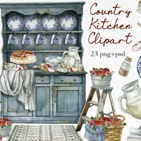 Watercolor vintage kitchen clipart cover image.