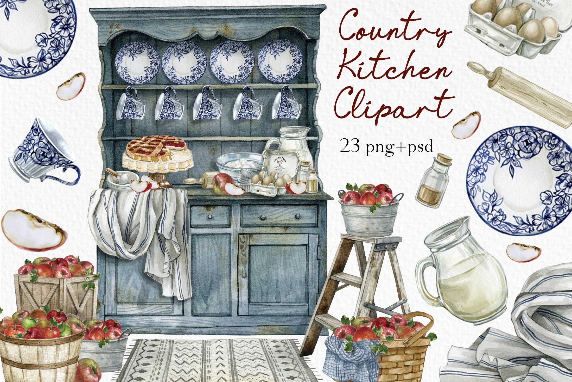 Watercolor vintage kitchen clipart cover image.