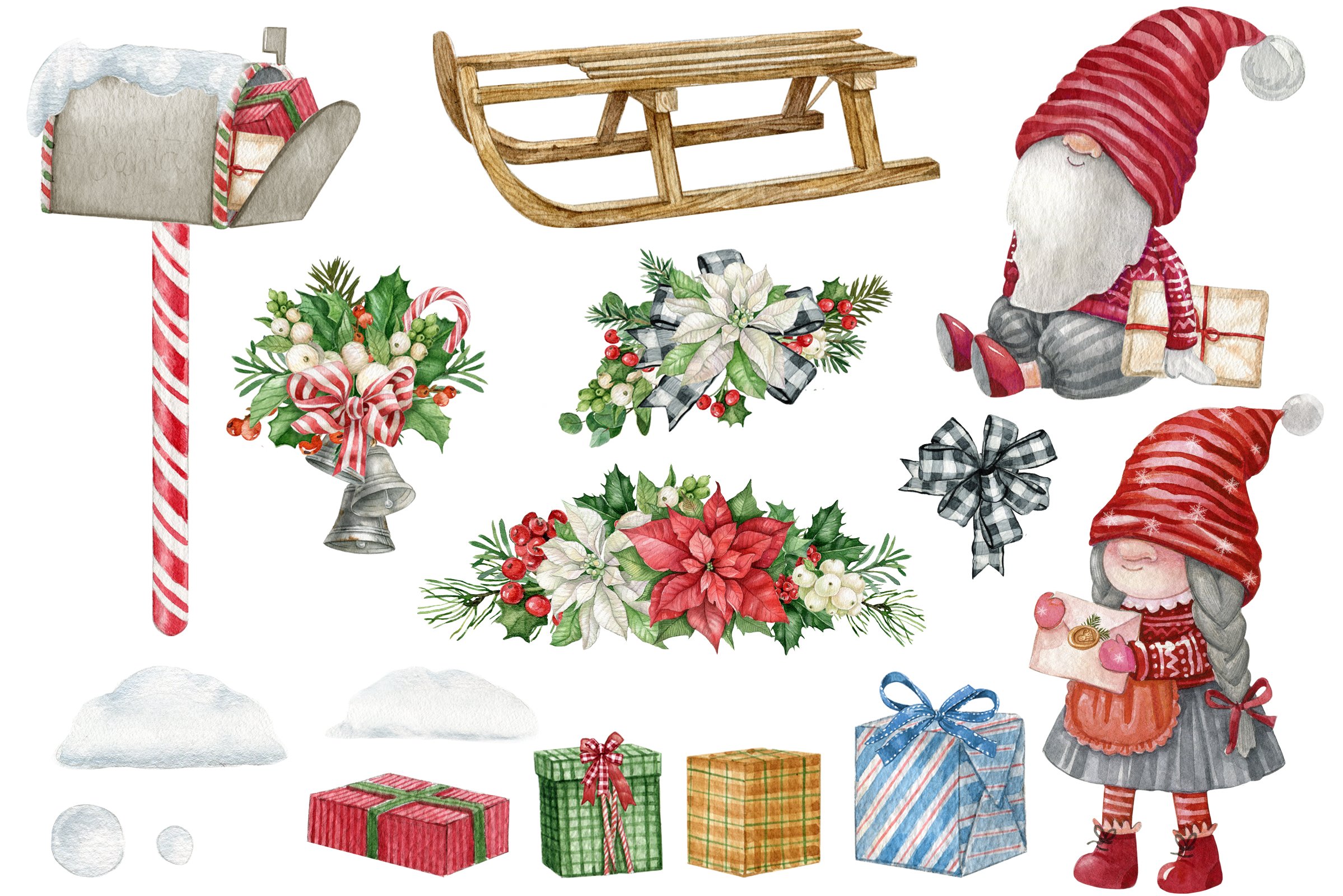 Watercolor Christmas gnomes clipart preview image.