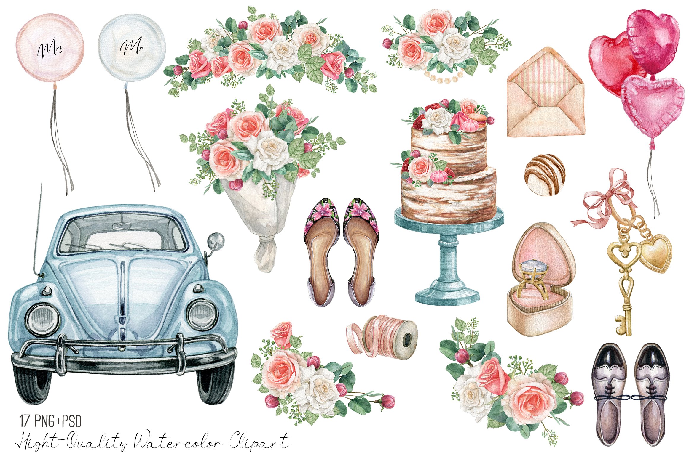 Watercolor wedding romantic clipart preview image.