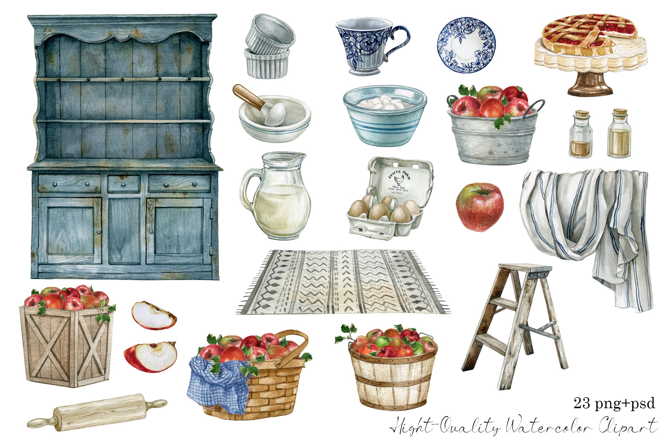 Watercolor vintage kitchen clipart preview image.