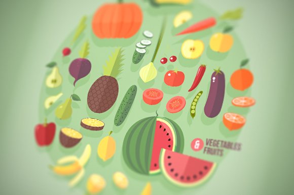 Fruits and vegetables flat icons set cover image.