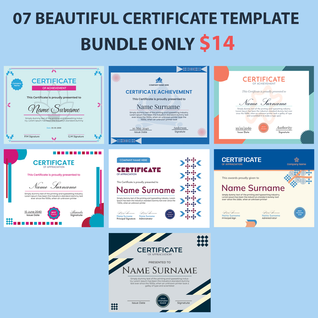 07 BEAUTIFUL CERTIFICATE TEMPLATE BUNDLE ONLY $14 preview image.