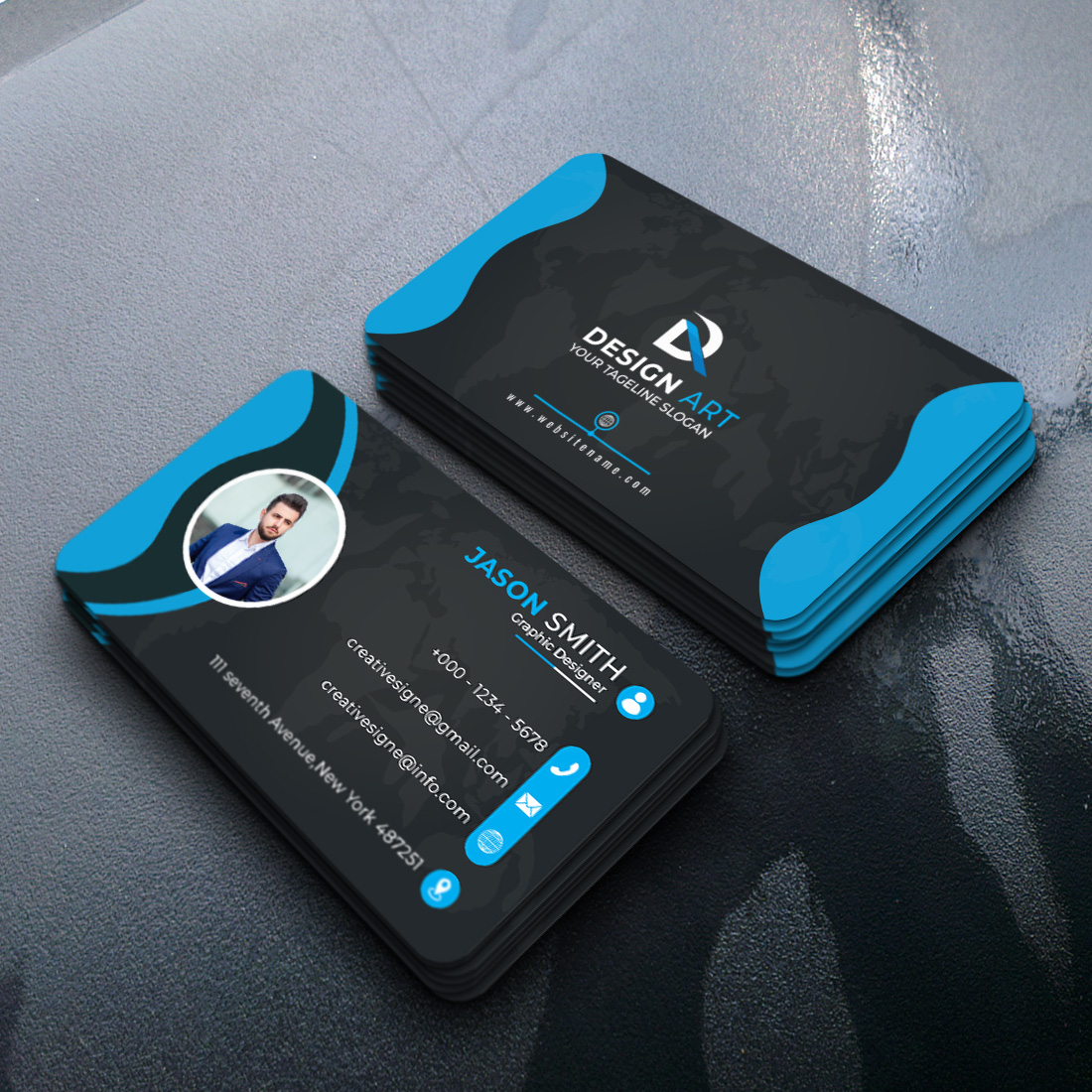 Black & Blue Colorful Modern Business Card Design preview image.