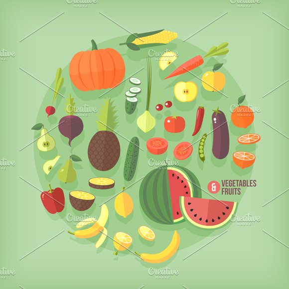 Fruits and vegetables flat icons set preview image.