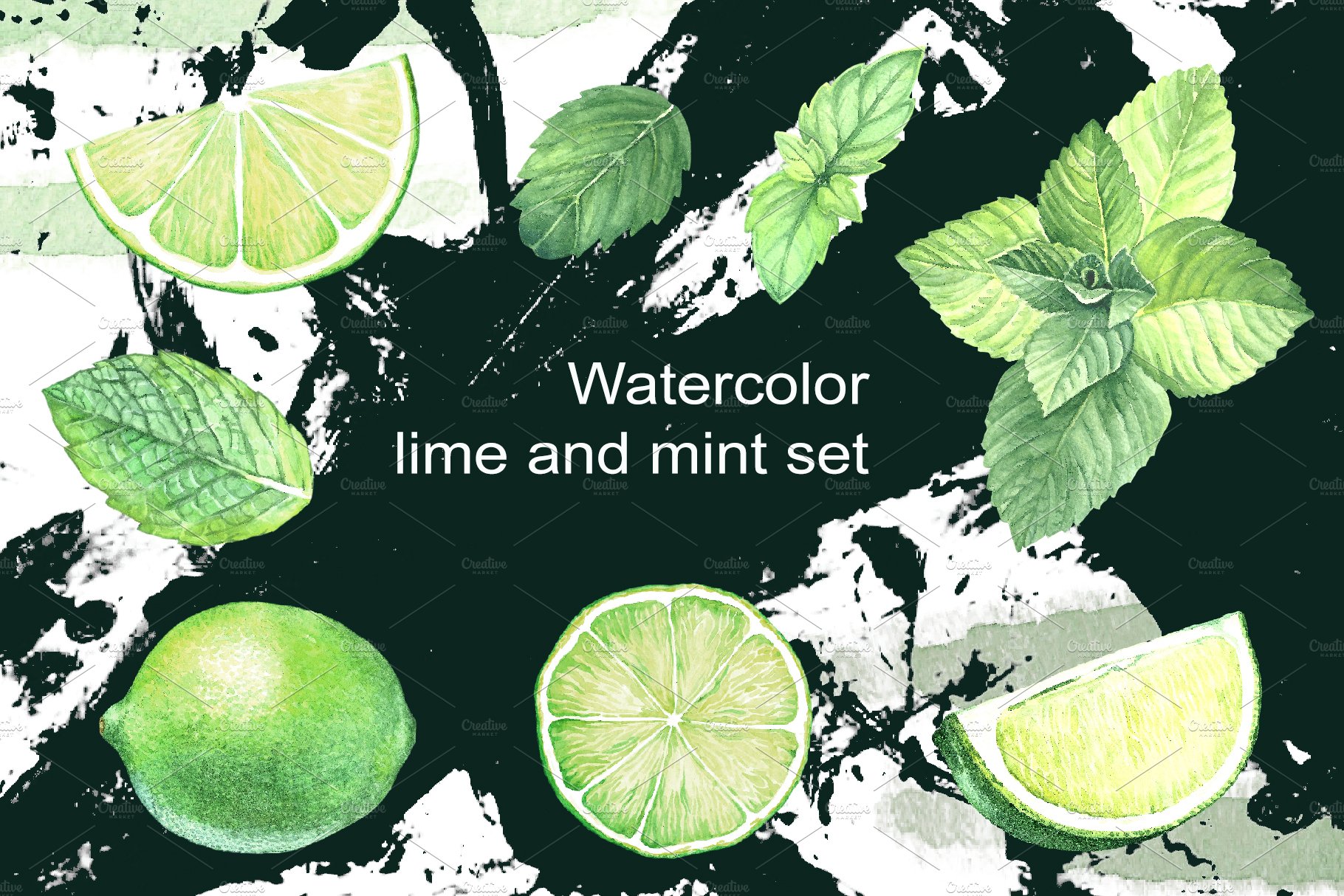 Lime and mint. Watercolor set. cover image.