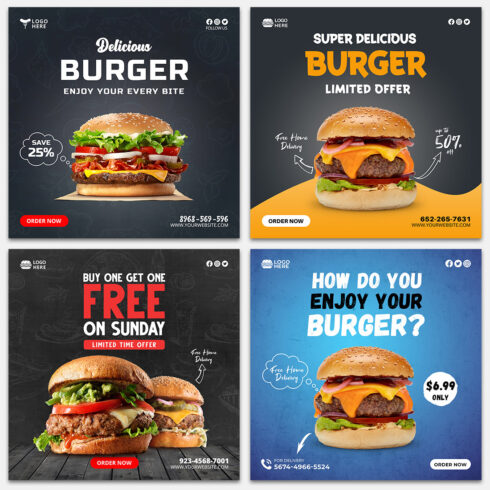 4 Delicious Burger Social Media Instagram Post Templates cover image.