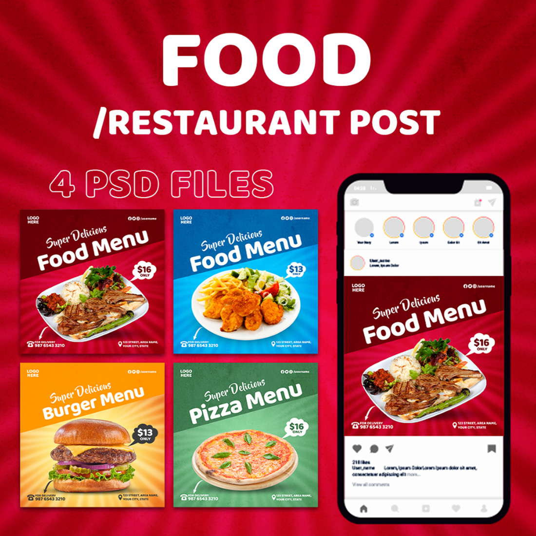 4 Food Menu Social Media Instagram Templates cover image.
