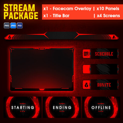 Modern red and black Twitch gaming camera frame , Panels, Screens & Donation bar complete starter Overlay pack cover image.
