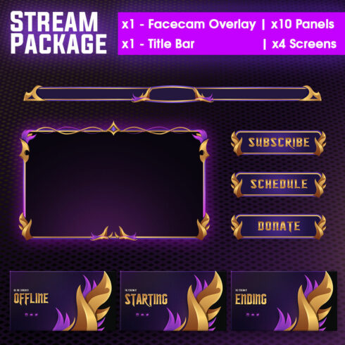 Royal fantasy Stream Overlay pack for Twitch and Youtube in purple cover image.