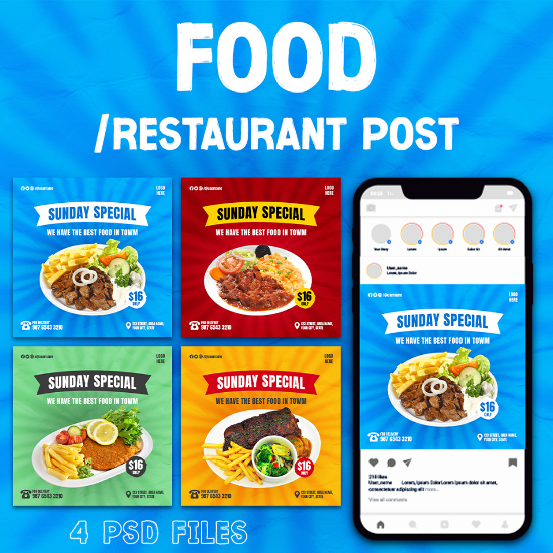 4 Sunday Special Restaurant Social Media Banner Post Templates cover image.