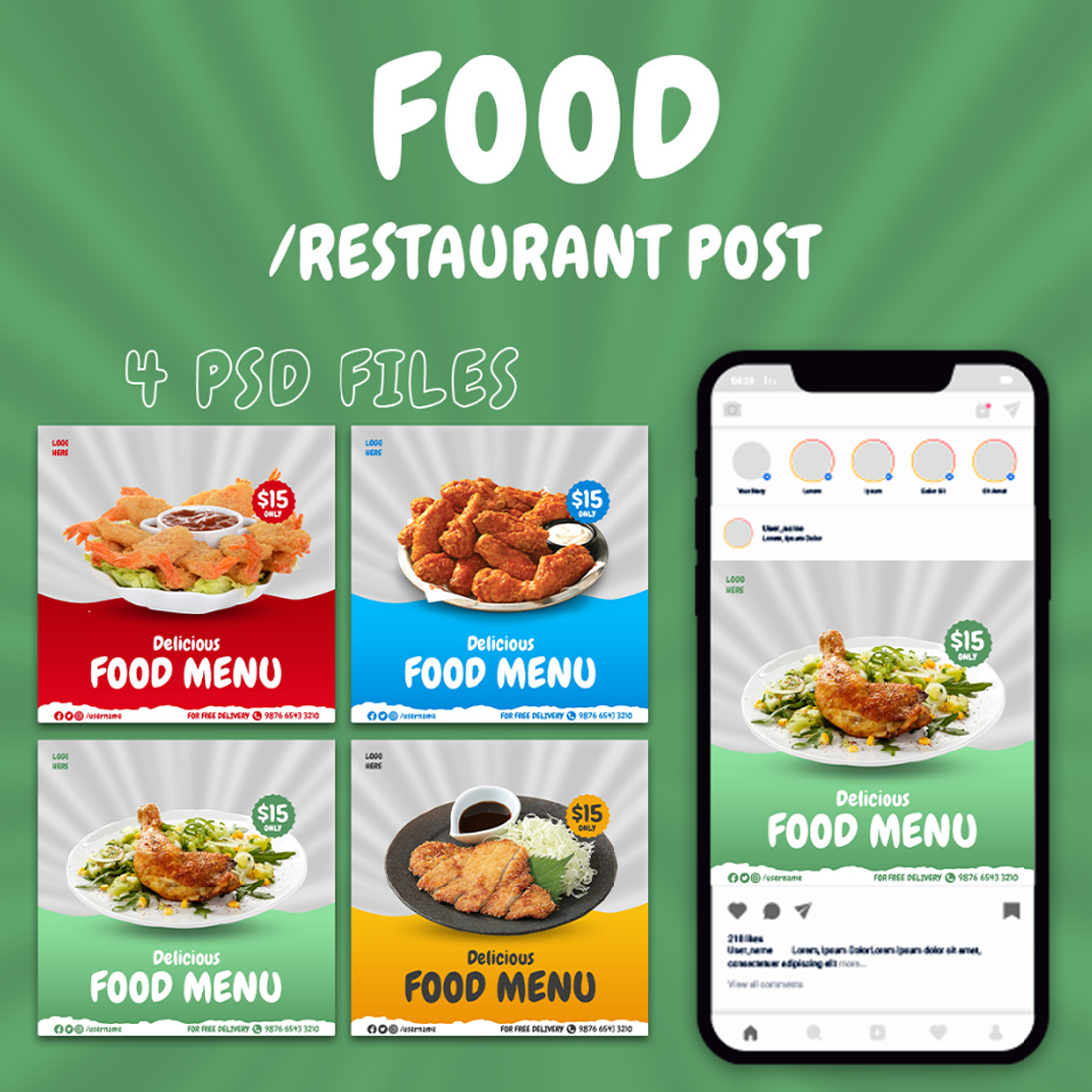 4 Delicious Food Menu Social Media Post Design Templates cover image.