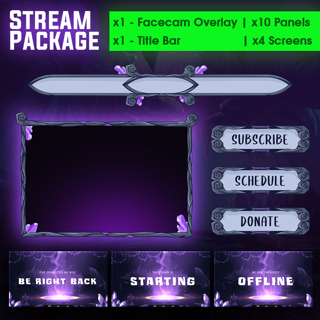 Fantasy Purple Stream Overlay Pack for Twitch / youtube Streamers cover image.