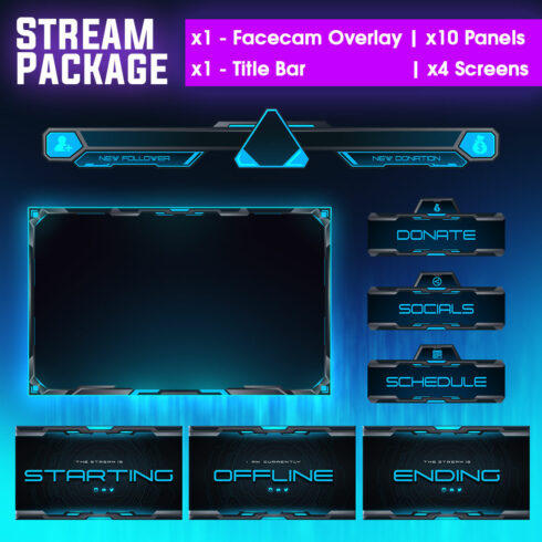 Futuristic Gaming Overlay pack for Twitch and youtube in Blue color cover image.