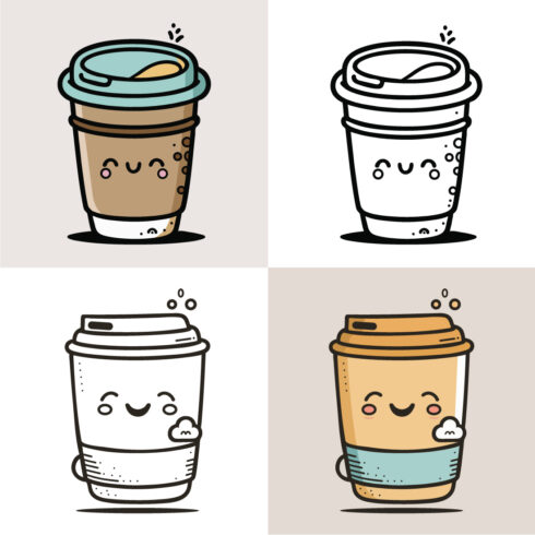 Coffee Cup Logo, Cute Coffee Cup Cartoon line art colorful Vector Illustration, Coffee cup icon design, Flat carton style, and Food and drink icon cover image.