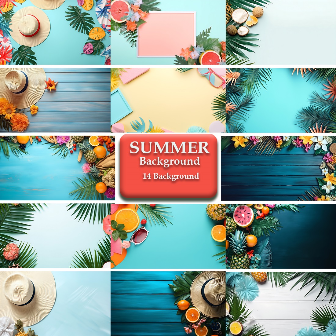 Tropical Summer Background with Hat, fruits, flowers and palm leaves cover image.