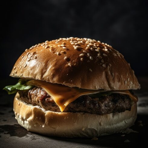 Side View Of A Burger On A Dark Rustic Background With Beef And Cream Cheese Realistic Closeup Photography cover image.