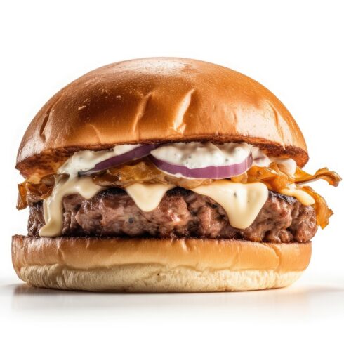 This is a Side view of a Burger with beef and cream cheese Realistic Closeup Photography cover image.