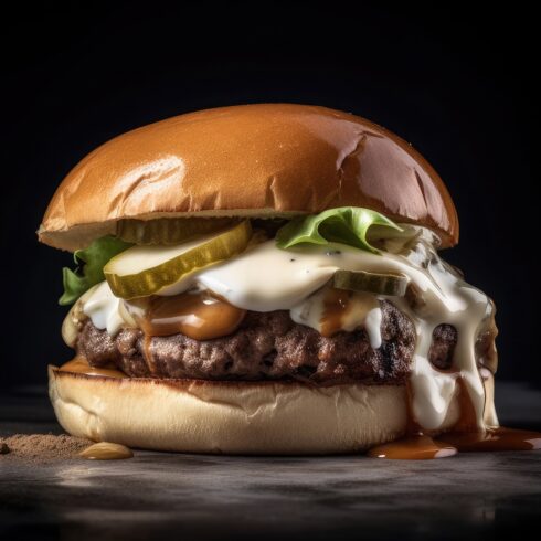 This is a Side view of a BBQ hamburger with beef and cream cheese Realistic Closeup Photography cover image.