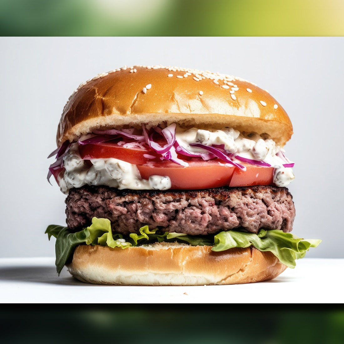 A Side View Of A Burger On A white Background With Beef And Cream Cheese Realistic Closeup Photography cover image.