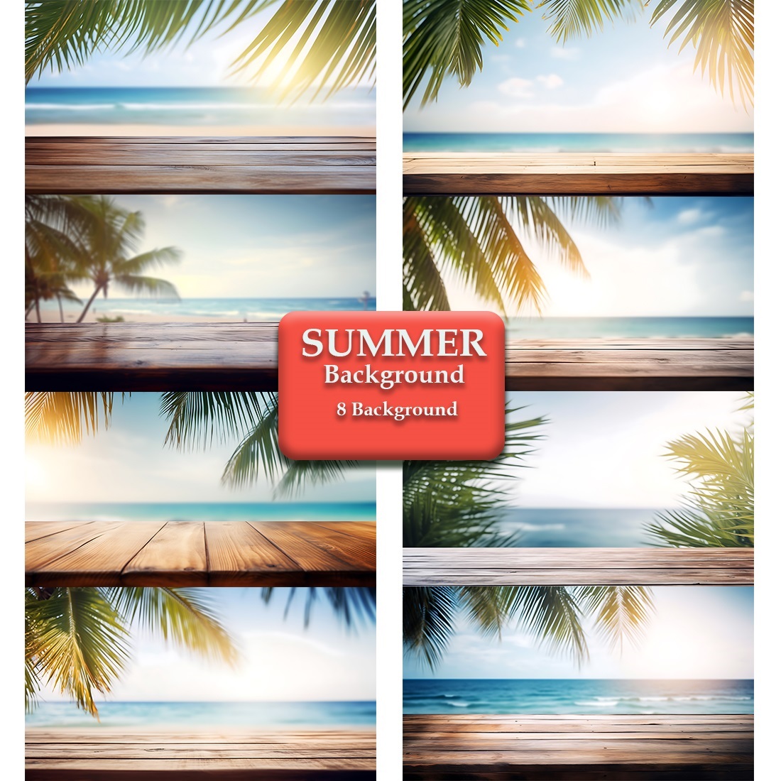 A wooden table with a palm tree on it and a blue sea in the background cover image.