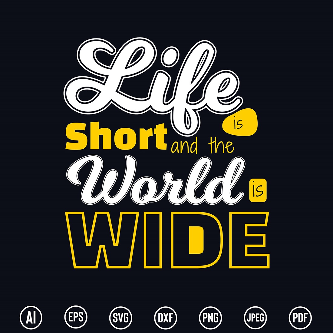 Motivational traveler Typography T-Shirt design with “Life is short and the world is wide” quote for t-shirt, posters, stickers, mug prints, banners, gift cards, labels etc preview image.