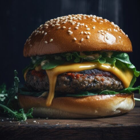 This is a Side view of a Burger with beef and cream cheese Realistic Closeup Photography cover image.