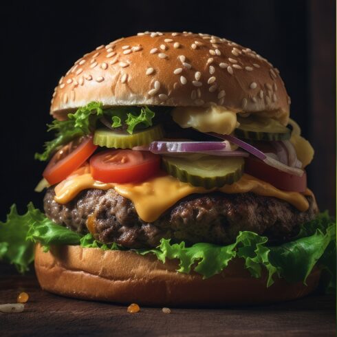 This is a Side view of a Burger on a dark rustic background with beef and cream cheese Realistic Closeup Photography cover image.