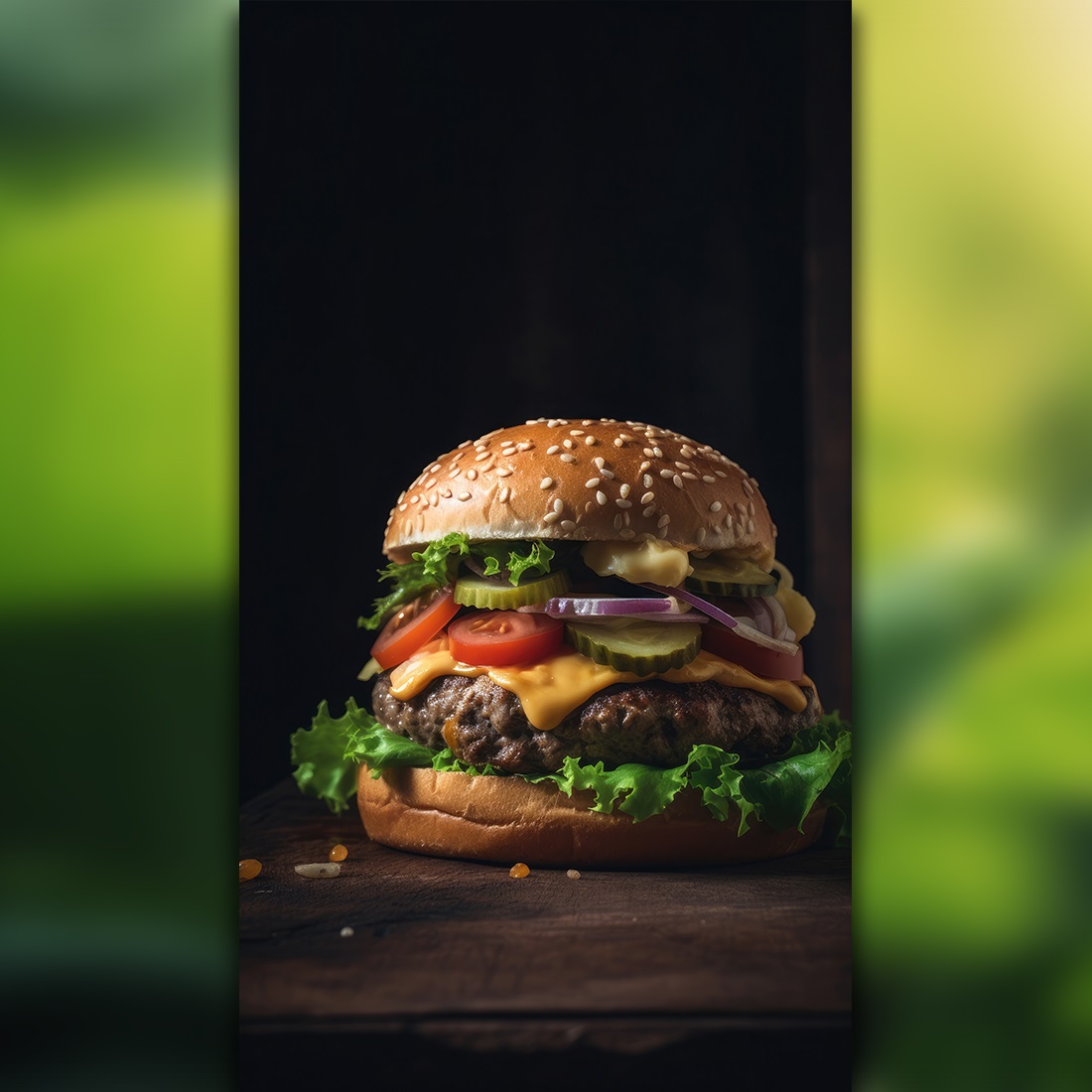 This is a Side view of a Burger on a dark rustic background with beef and cream cheese Realistic Closeup Photography preview image.