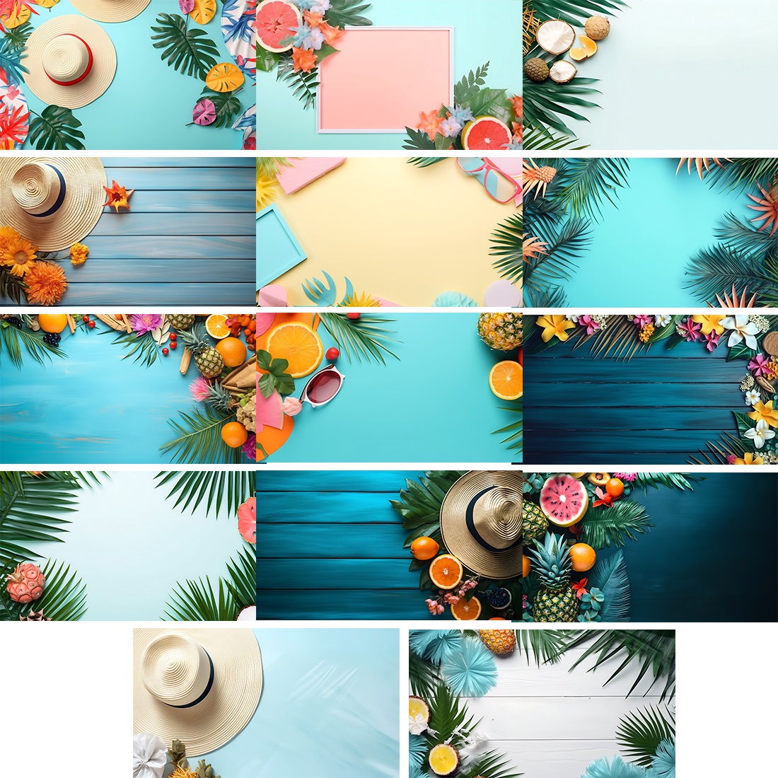 Tropical Summer Background with Hat, fruits, flowers and palm leaves preview image.