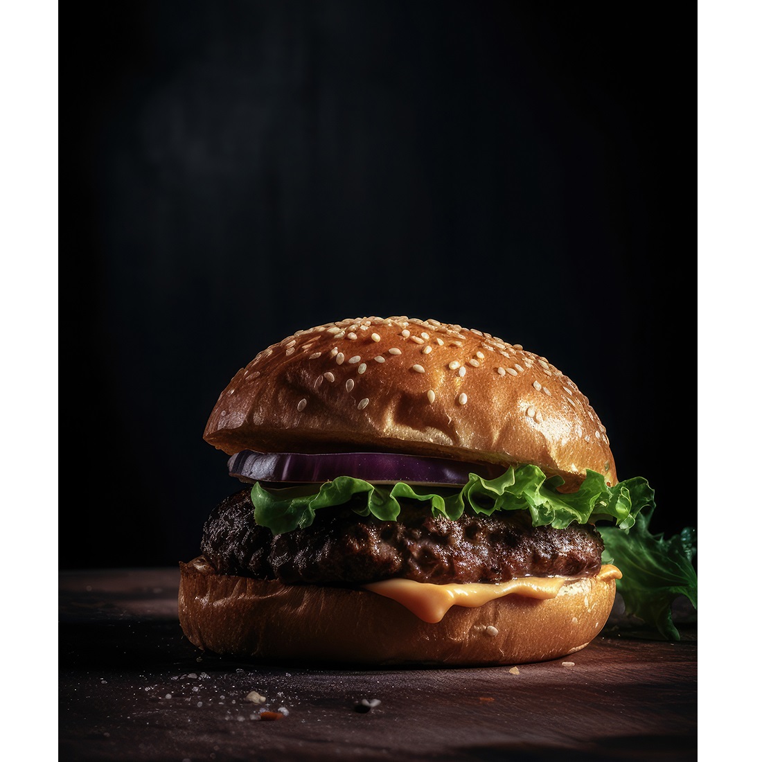 Side View Of A Burger On A Dark Rustic Background With Beef And Cream Cheese Realistic Closeup Photography preview image.