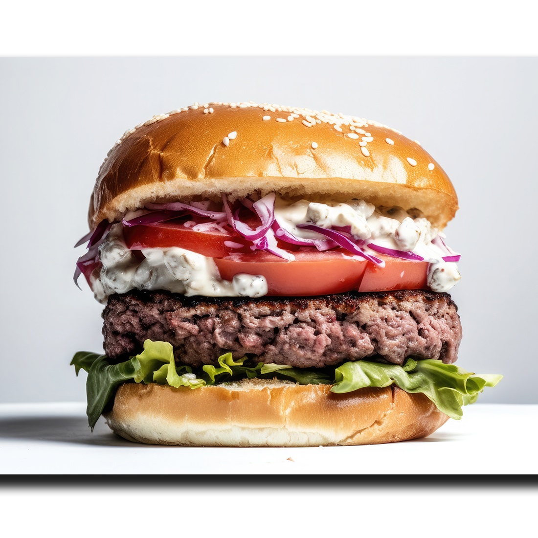 A Side View Of A Burger On A white Background With Beef And Cream Cheese Realistic Closeup Photography preview image.