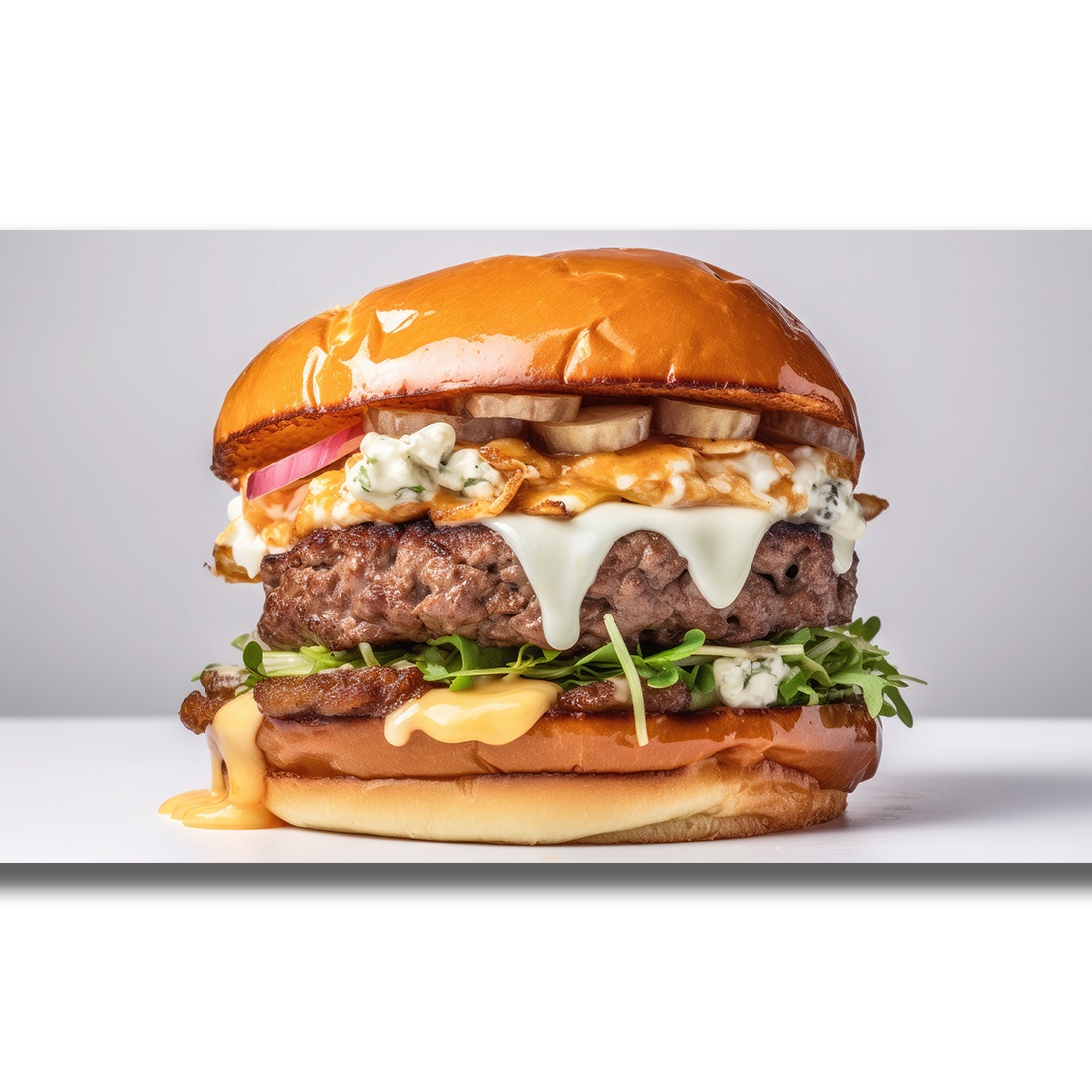 Side View Of A Burger On A white Background With Beef And Cream Cheese Realistic Closeup Photography preview image.