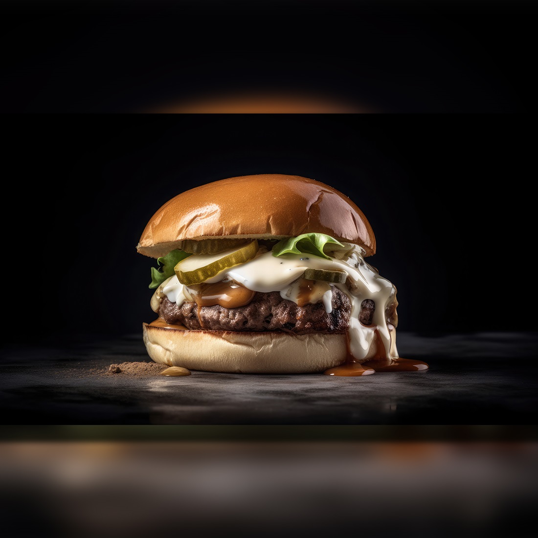 This is a Side view of a BBQ hamburger with beef and cream cheese Realistic Closeup Photography preview image.