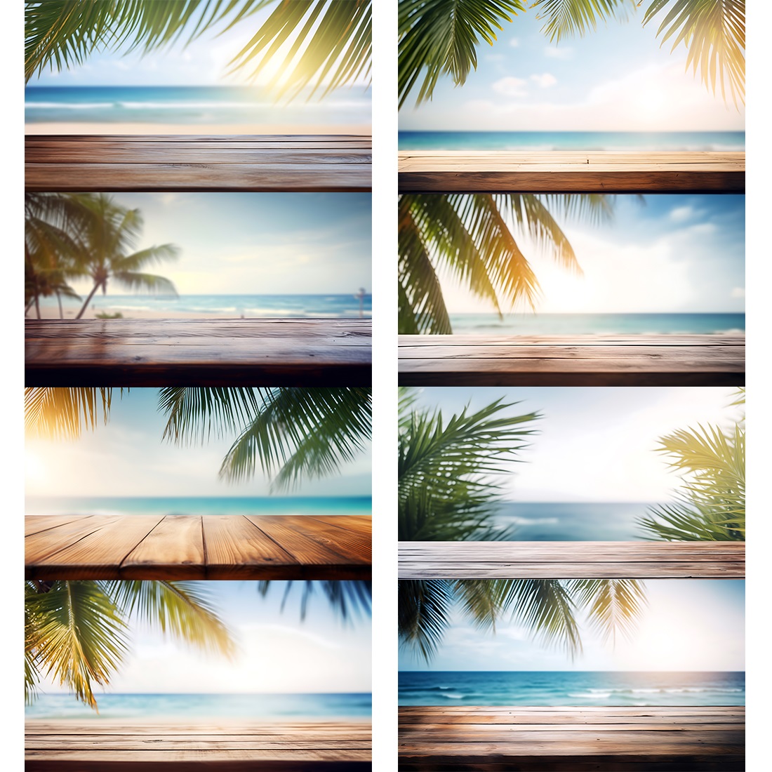 A wooden table with a palm tree on it and a blue sea in the background preview image.