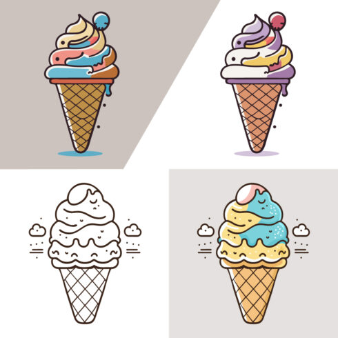 Cute Ice Cream Cartoon line art vector Icon illustration, Food drink Flat Cartoon Concept Pro Vector, Ice Cream Cartoon, cone, cartoon ice cream, Cute Ice Cream logo cover image.