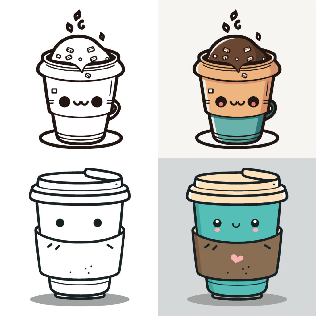 Coffee Cup Logo, Cute Coffee Cup Cartoon line art colorful Vector ...