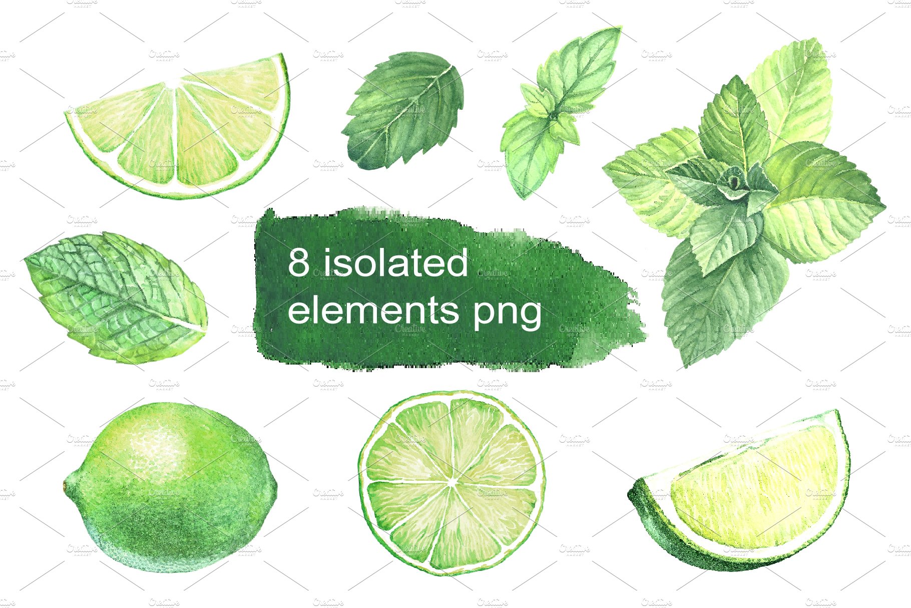 Lime and mint. Watercolor set. preview image.