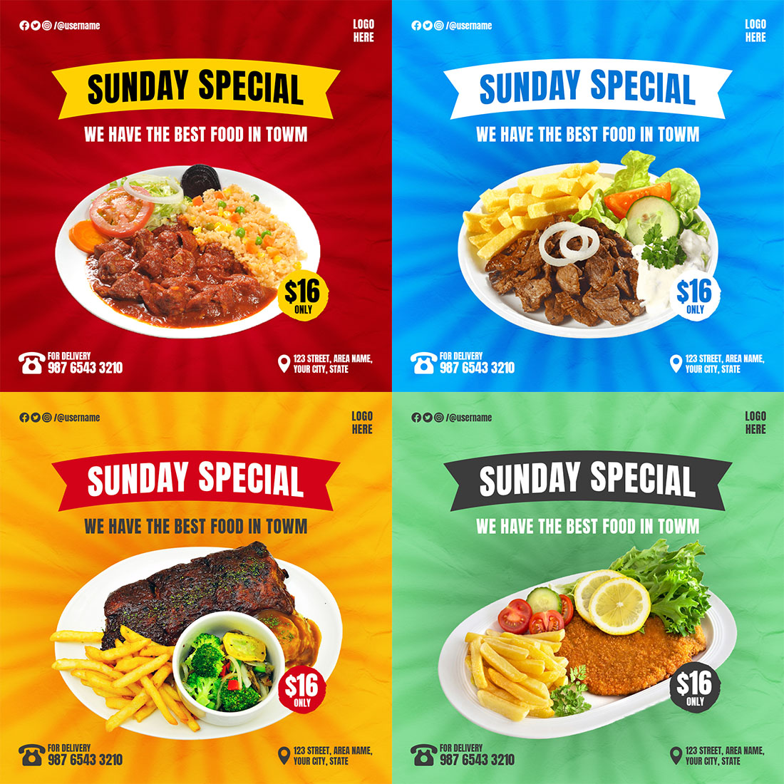 4 Sunday Special Restaurant Social Media Banner Post Templates preview image.