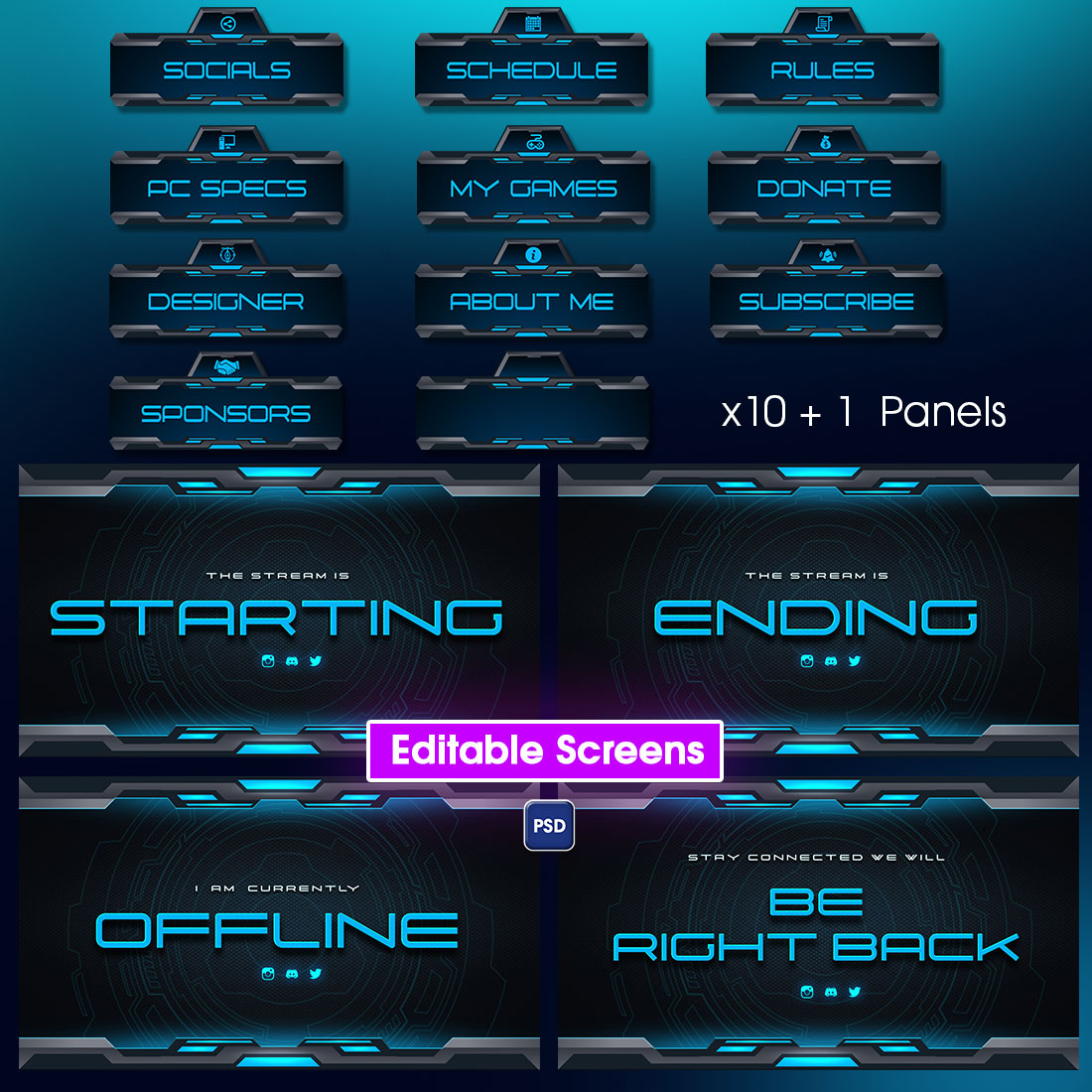 Futuristic Gaming Overlay pack for Twitch and youtube in Blue color preview image.