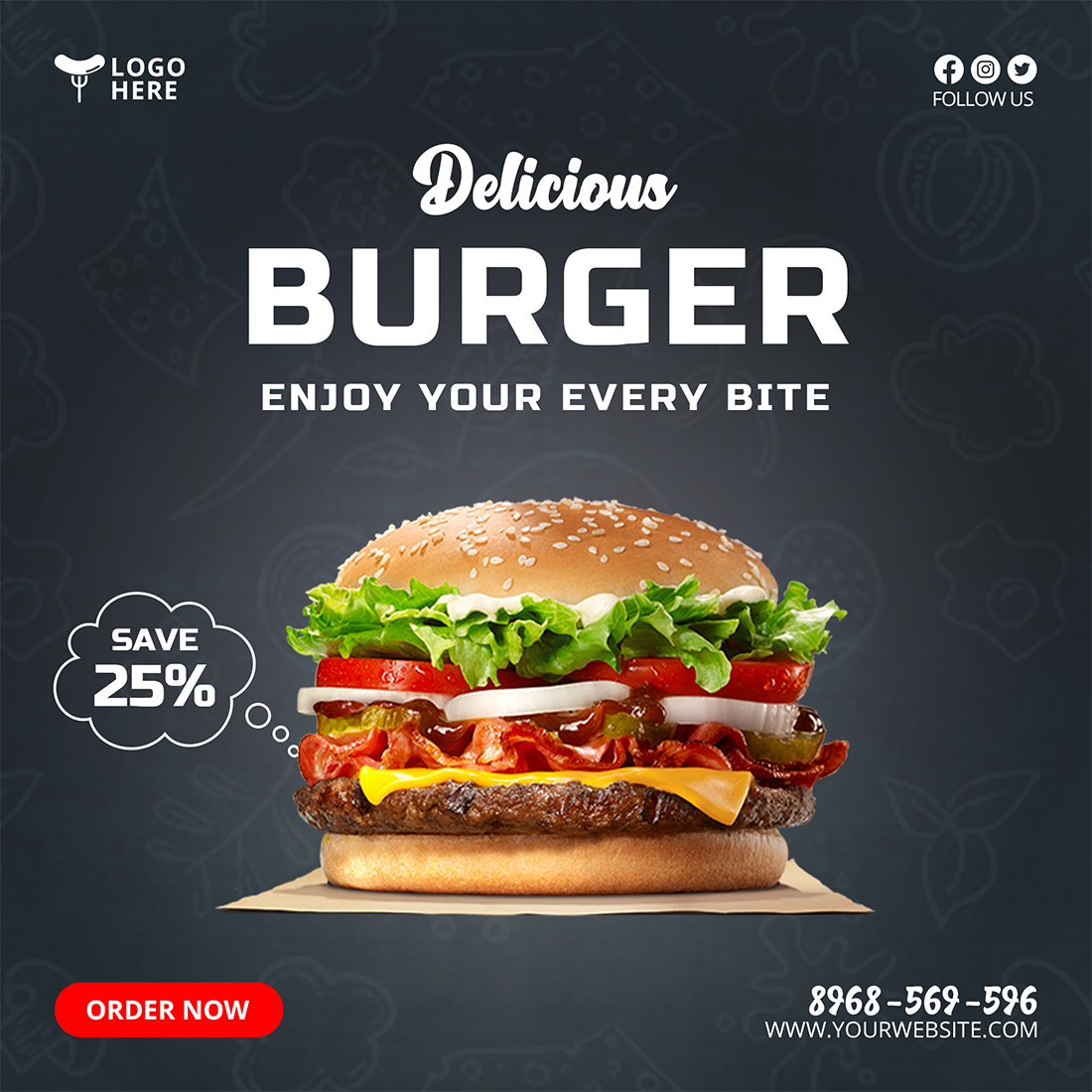 4 Delicious Burger Social Media Instagram Post Templates preview image.