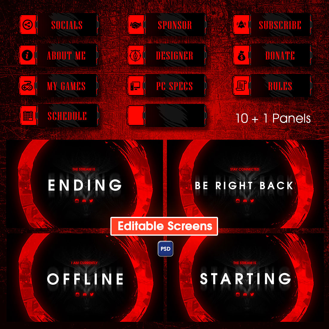 Modern red and black Twitch gaming camera frame , Panels, Screens & Donation bar complete starter Overlay pack preview image.