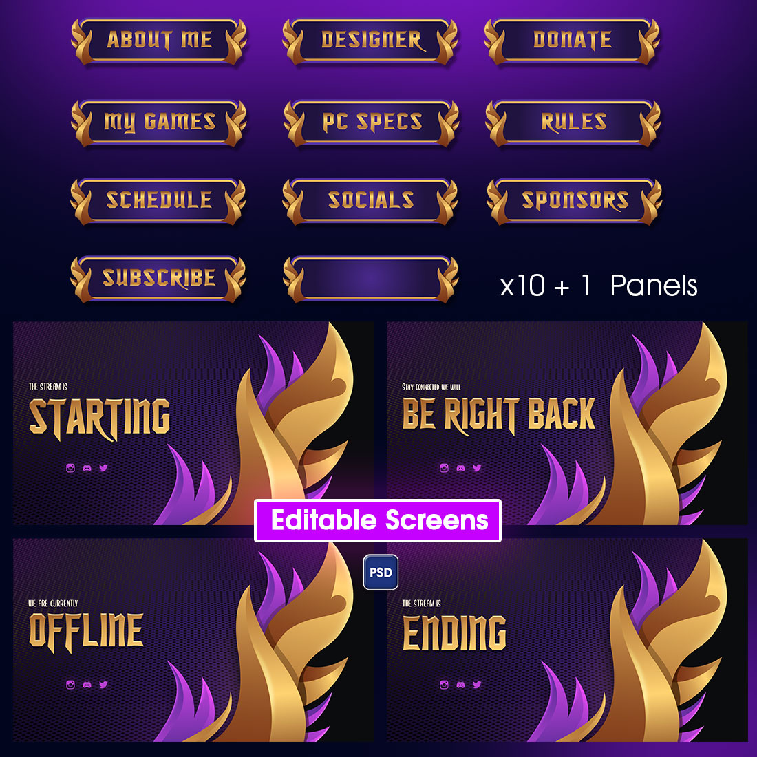 Royal fantasy Stream Overlay pack for Twitch and Youtube in purple preview image.